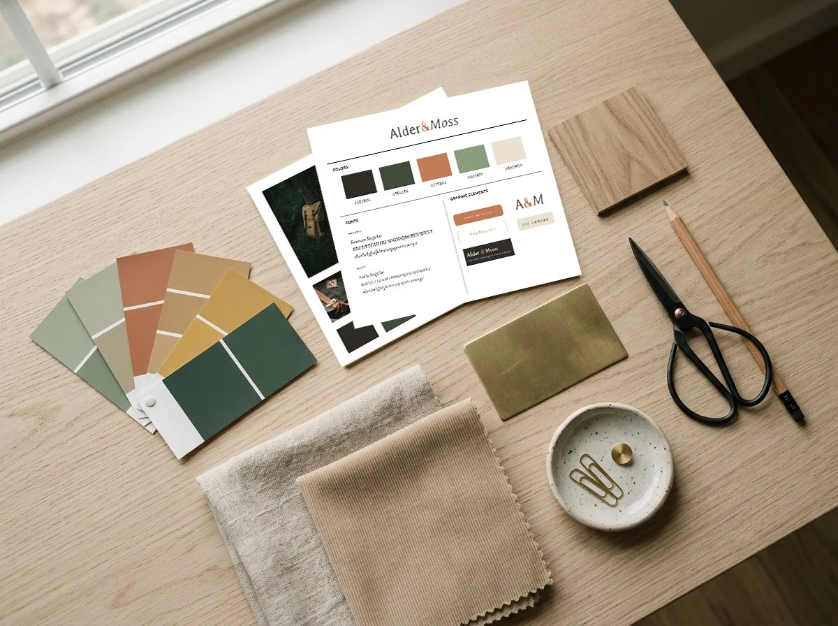 Design planning materials on a wooden desk, including color swatches, fabric samples, a printed design brief, scissors, a pencil, a small wooden block, a gold-colored metallic sample, and a ceramic bowl with paper clips.