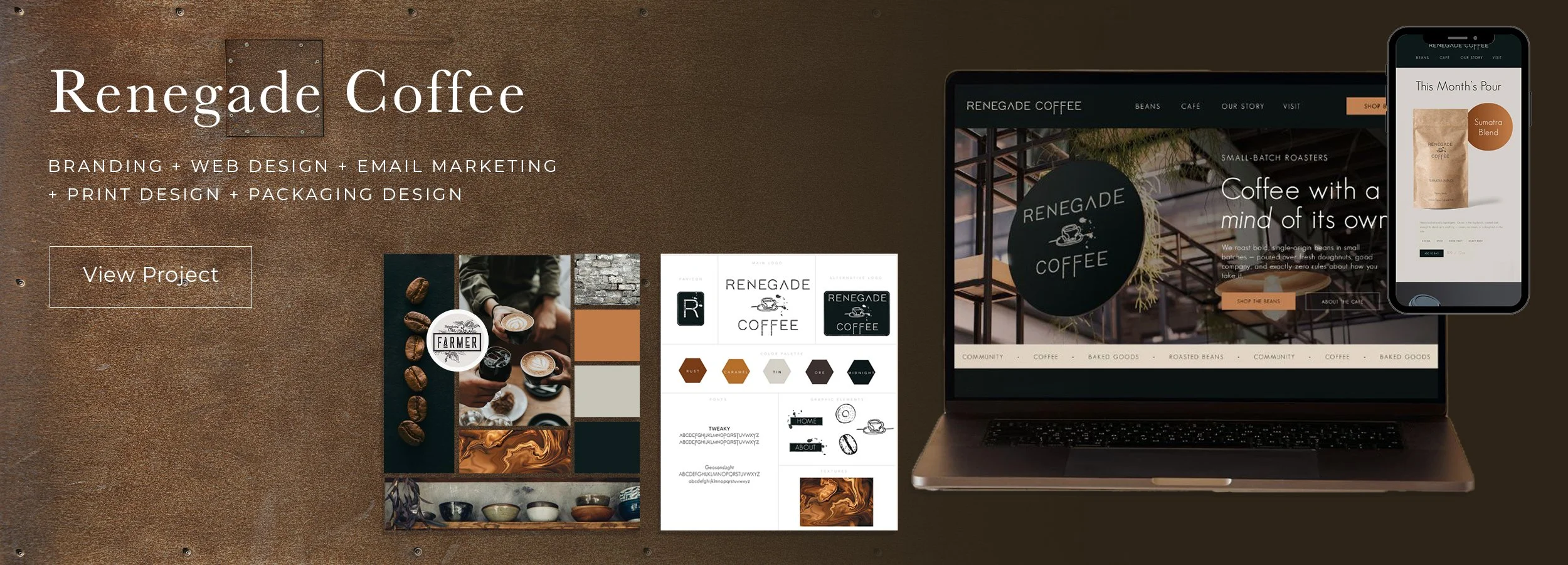 Branding and web design project display for Renegade Coffee, showing branding concepts, website mockups on laptop and phone, and design elements.