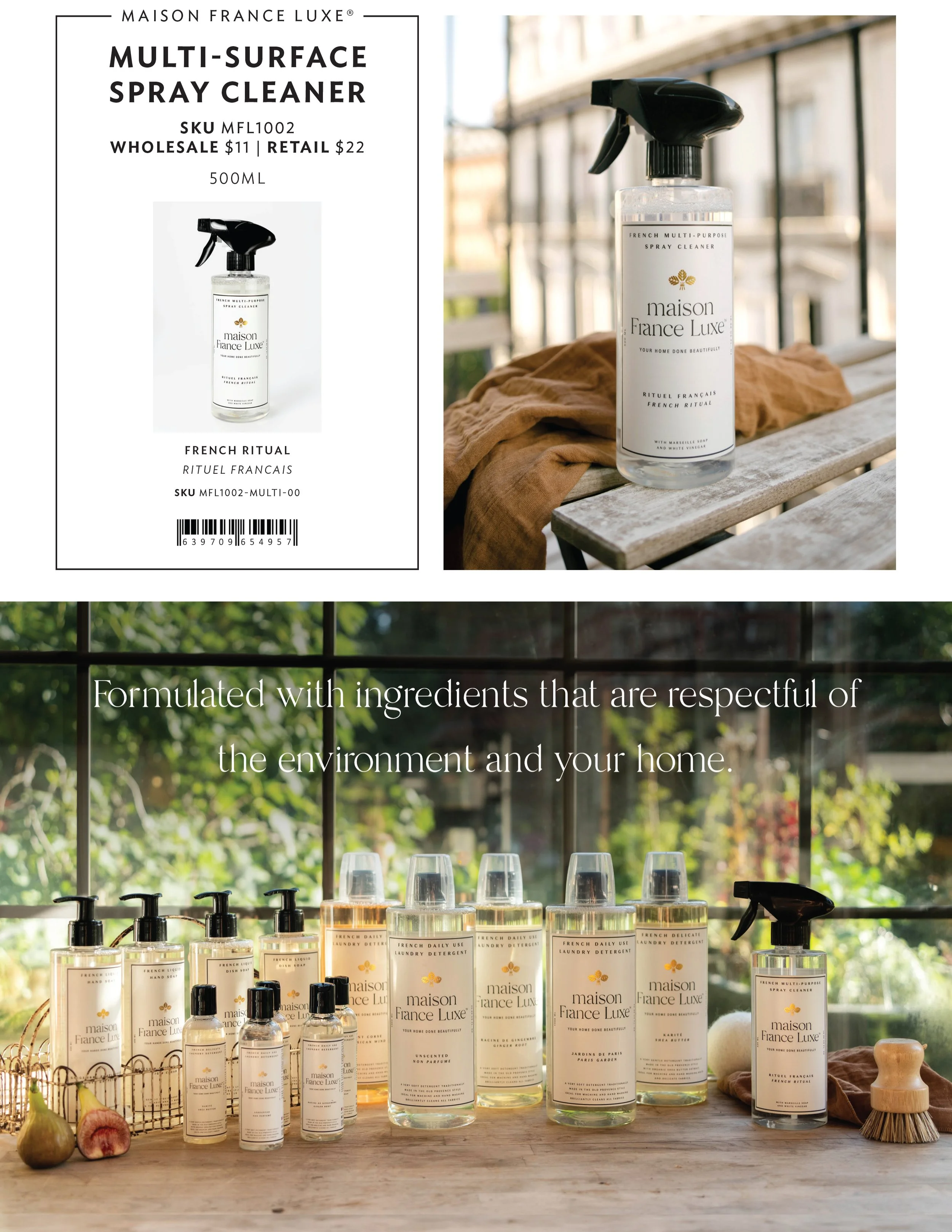 Display of Maison France Luxe multi-surface spray cleaner bottles on a wooden table, with additional cleaning products and natural elements, set against a window with a view of greenery outside.