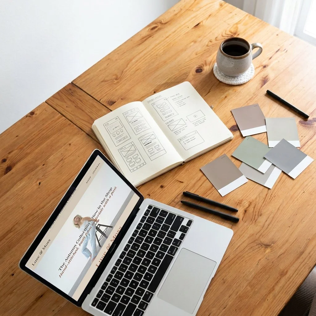 Wooden desk with open sketchbook, laptop showing an online shopping website, coffee mug, color swatches, and pens.
