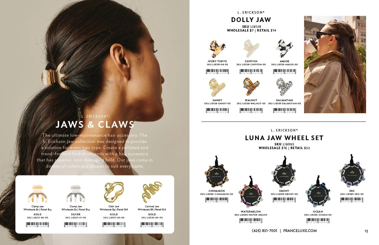 Catalog page showcasing hair accessories by L. Erickson, including jaw clips, the Luna Jaw Wheel Set in various colors, and small decorative clips, with text describing the products and prices.
