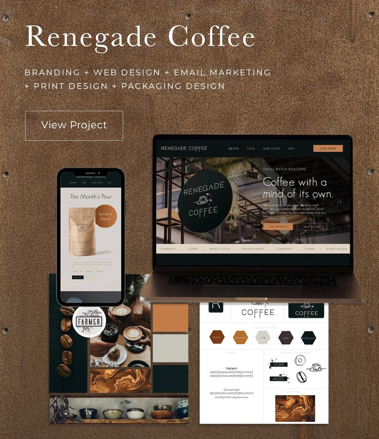 Design mockup for Renegade Coffee featuring a website on a laptop and a mobile phone, with branding elements, color palettes, and product images, set against a brown textured background.