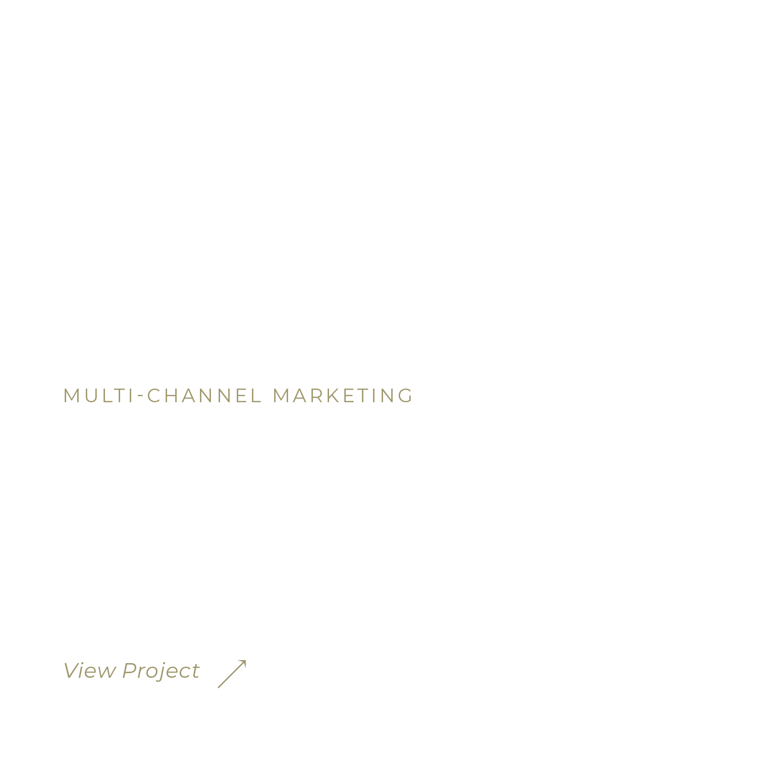 A black background with gold and white text promoting multi-channel marketing and accessories, including marketing design for email, web, packaging, and print, with a "View Project" link.