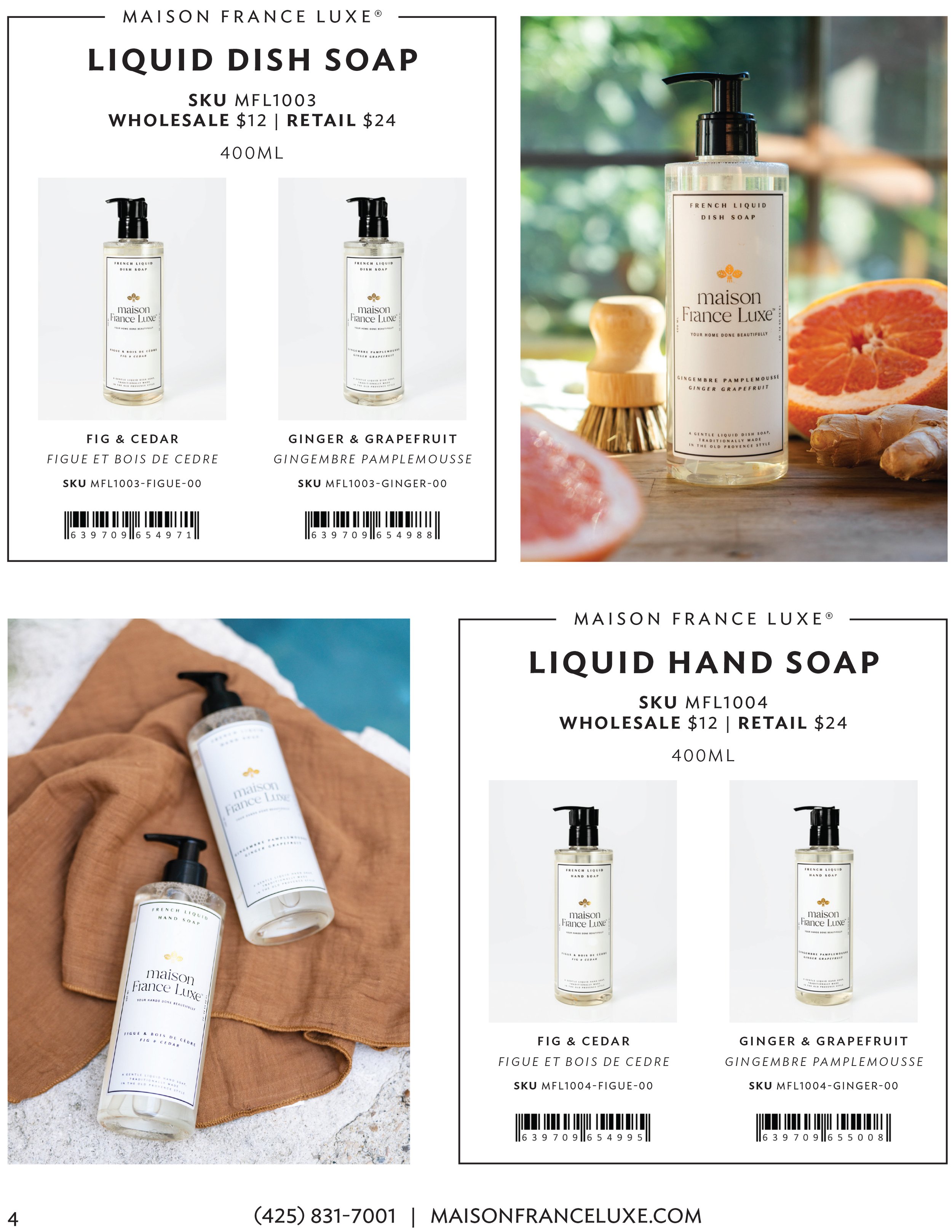 Label for Maison France Luxe liquid dish soap with SKU MFL1003, priced at $12 wholesale and $24 retail, 400ml, featuring scent descriptions of fig and cedar and ginger and grapefruit.