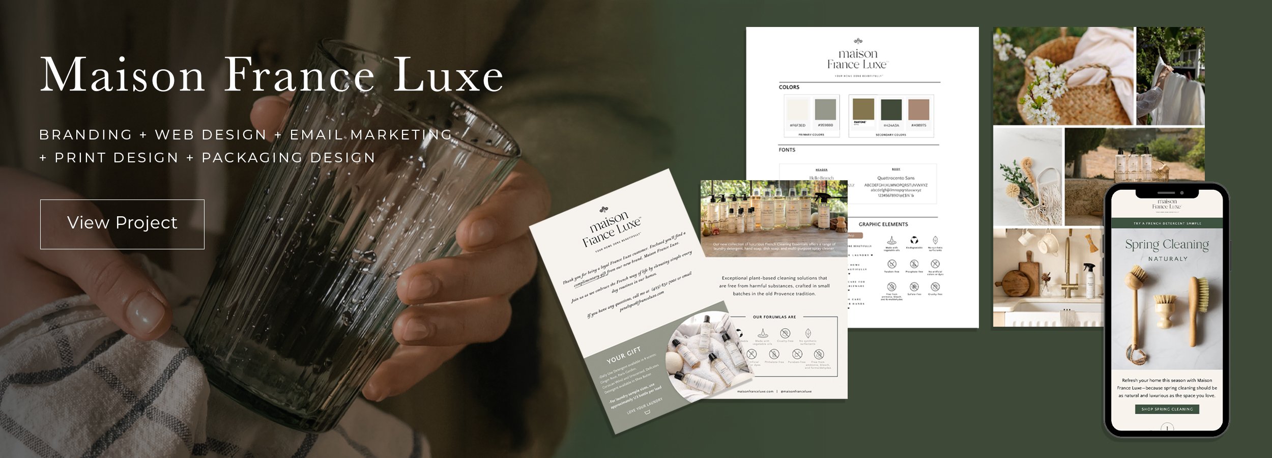 A promotional display for Maison France Luxe featuring branding, web design, email marketing, print and packaging design. Includes samples of branding materials like color palettes, fonts, product packaging, and a mobile phone showcasing a spring cle