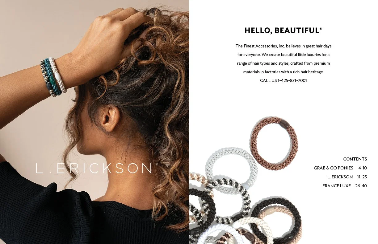 A woman with curly hair wearing multiple bracelets, with a close-up of her head and hand behind her hair. Next to her is a product advertisement for hair accessories, featuring hair ties and a description of a jewelry brand.
