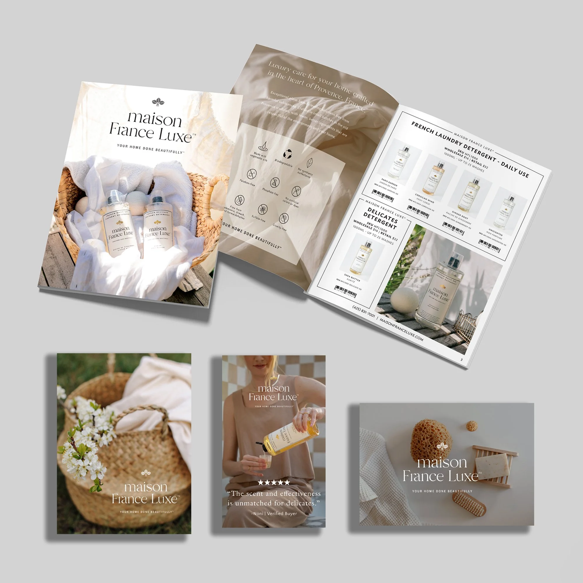A brochure or flyer for Maison France Luxe showcasing home fragrance products, including images of bottles of scented diffusers, a woman holding a diffuser, and decorative natural elements like flowers and wooden accessories.