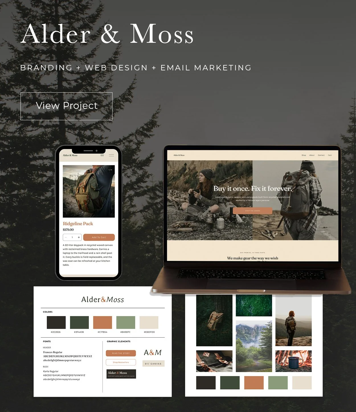 A website homepage for Alder & Moss, a branding, web design, and email marketing company. It features a large background image of a forest, a mobile phone and a laptop showing their projects, color palette, font styles, and images of outdoor scenery 