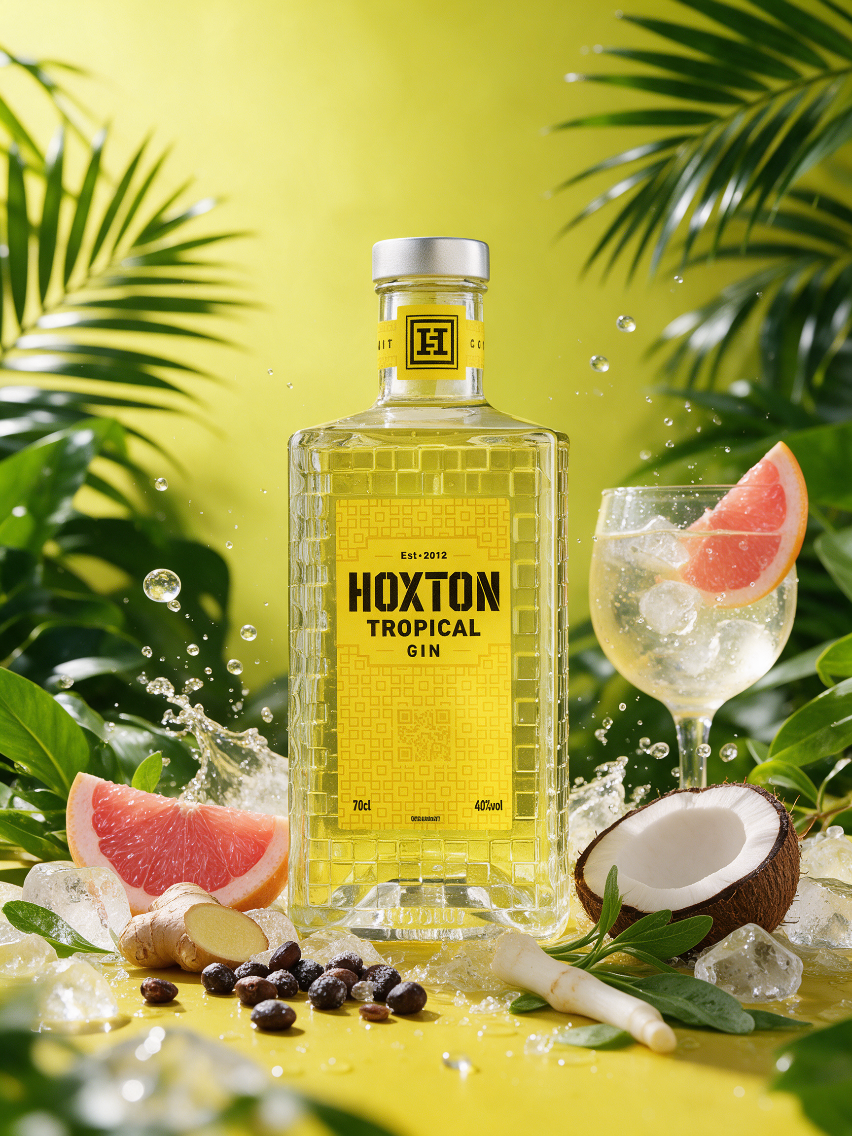 A glass bottle of Hoxton Tropical Gin with a yellow label, surrounded by tropical fruits including grapefruit, coconut, ginger, and peppercorns, and greenery, with splashing water and ice.