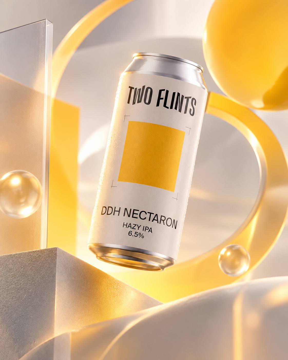 A can of Two Flints DDH Nectarion Hazy IPA with 6.5% alcohol content, floating in a stylized, abstract background with yellow and gold accents.