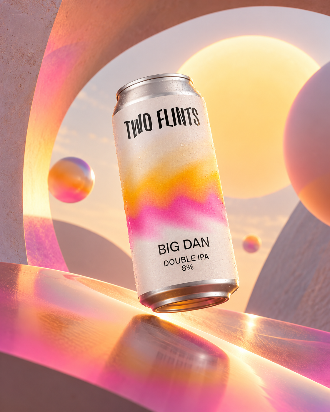A can of Two Flints Big Dan Double IPA beer with an abstract, colorful background featuring pastel pink, orange, yellow, and purple hues and floating spherical shapes.