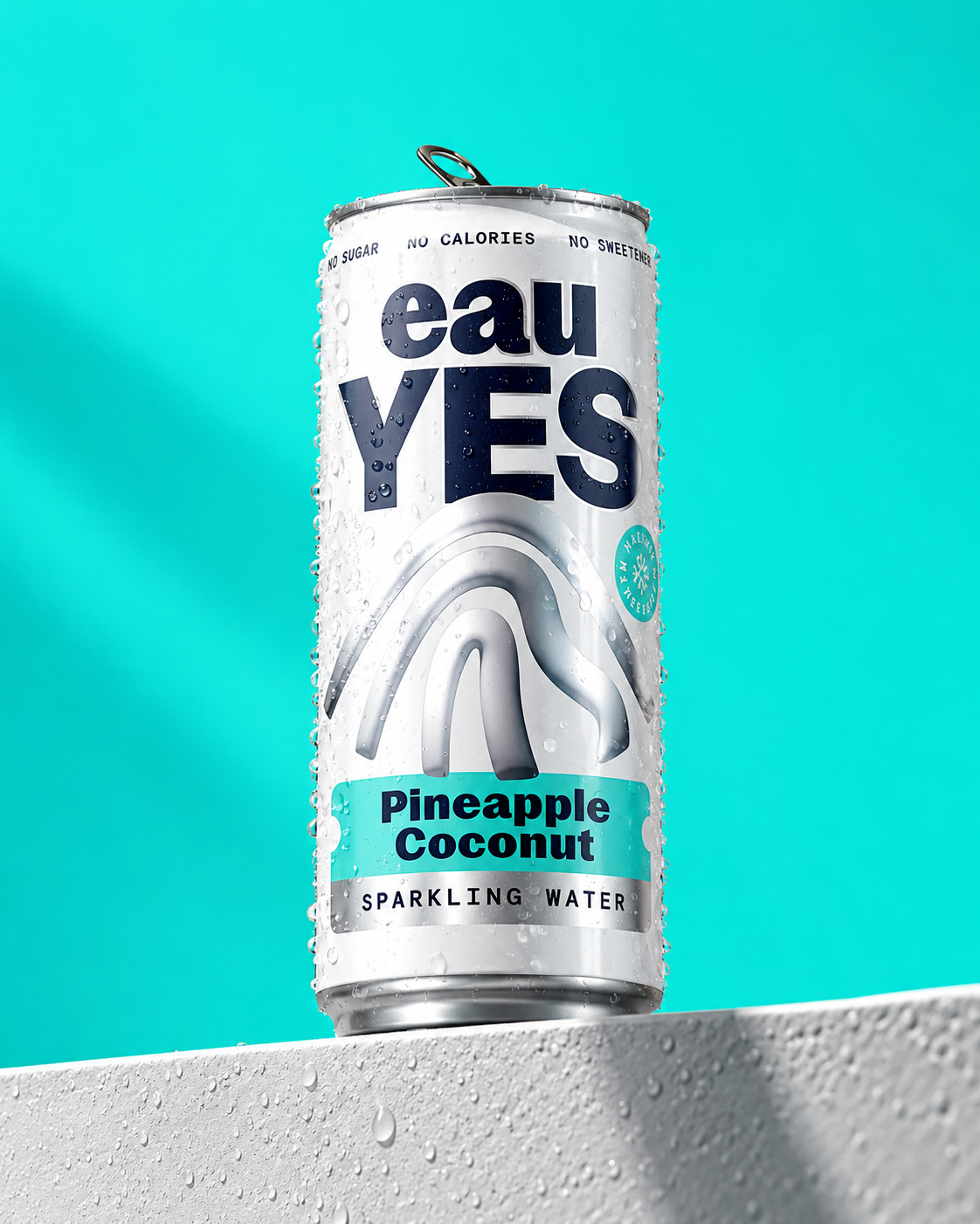 Can of Eau Yes Pineapple Coconut sparkling water with water droplets on the surface, set against a bright blue background.