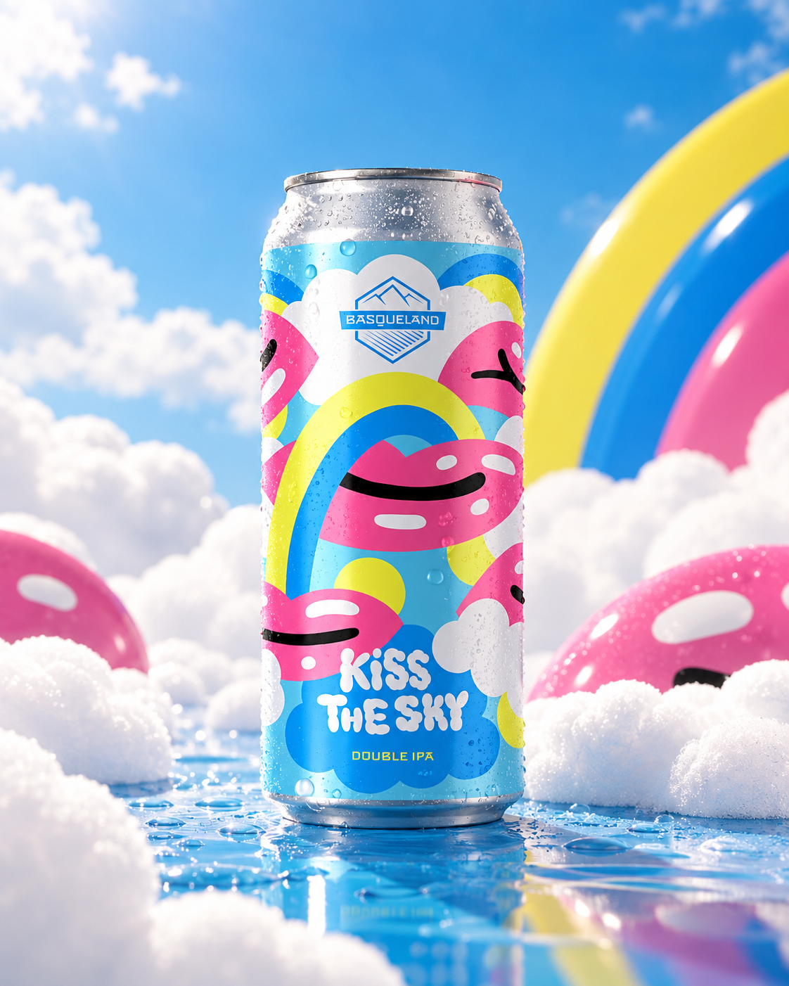 A colorful can of Basqueland's 'Kiss the Sky' Double IPA beer with a pink, yellow, blue, and white rainbow and smiley face designs, standing among snow with more rainbow designs in the background and a bright blue sky.