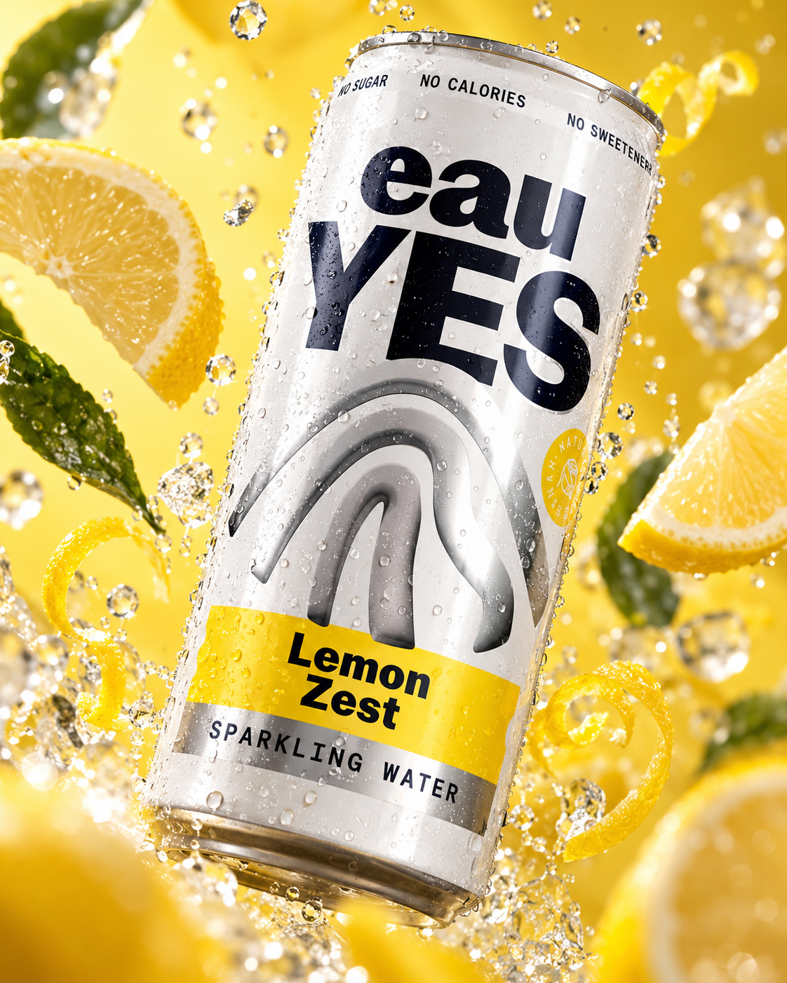A can of Eau Yes Lemon Zest sparkling water surrounded by lemon slices, lemon peel curls, and mint leaves, with water droplets on the can, in a lively and refreshing setting.