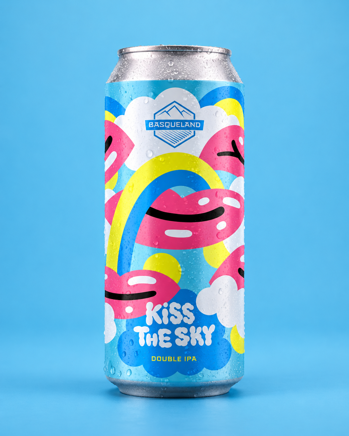A colorful aluminum can of Basqueland Kiss the Sky Double IPA beer with a design featuring smiling pink clouds, rainbows, and white clouds, against a blue background with water droplets on the can.