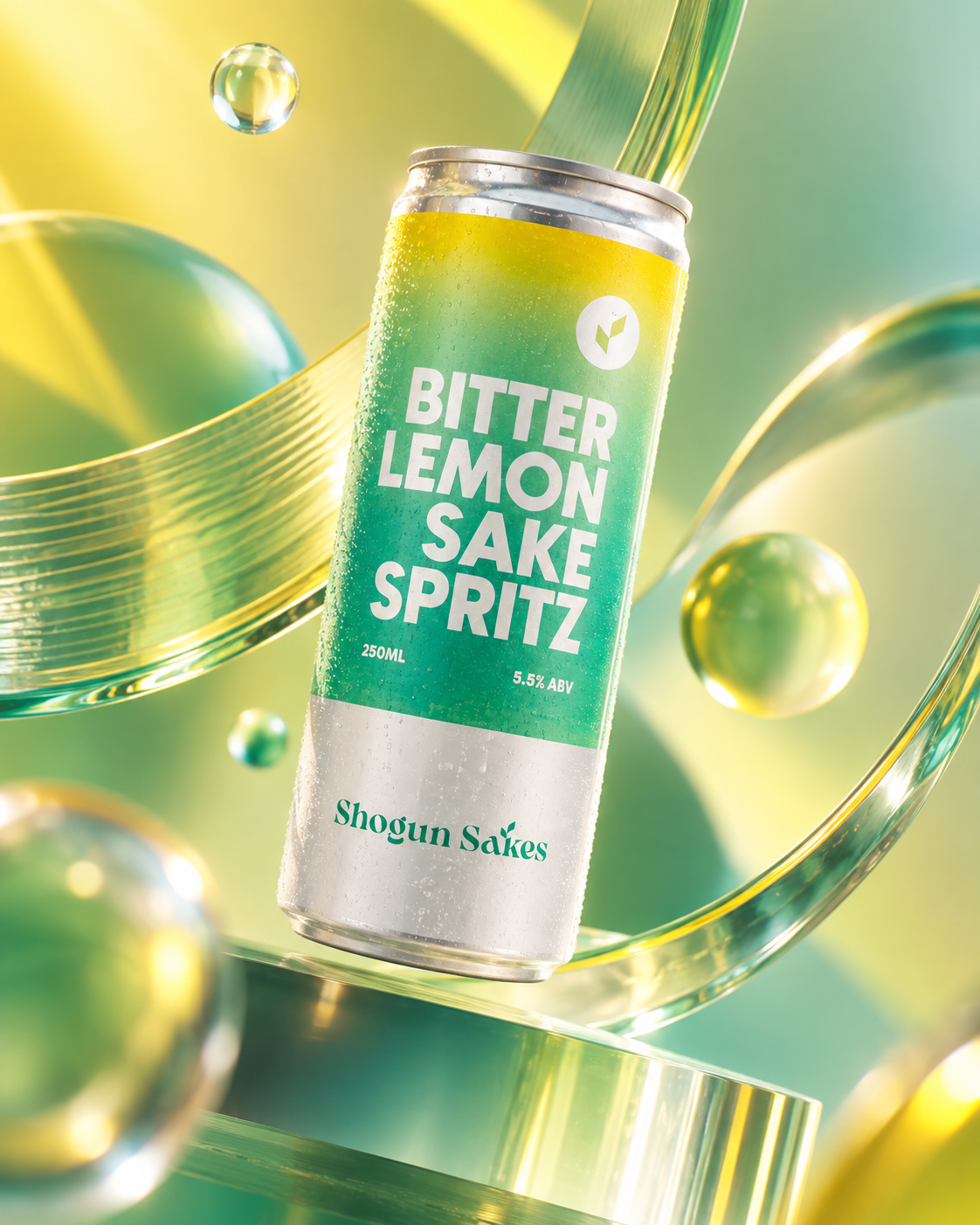 A can of Bitter Lemon Sake Spritz with a vibrant green label, surrounded by floating colorful spheres and ribbon-like decorations, set against an abstract yellow and green background.