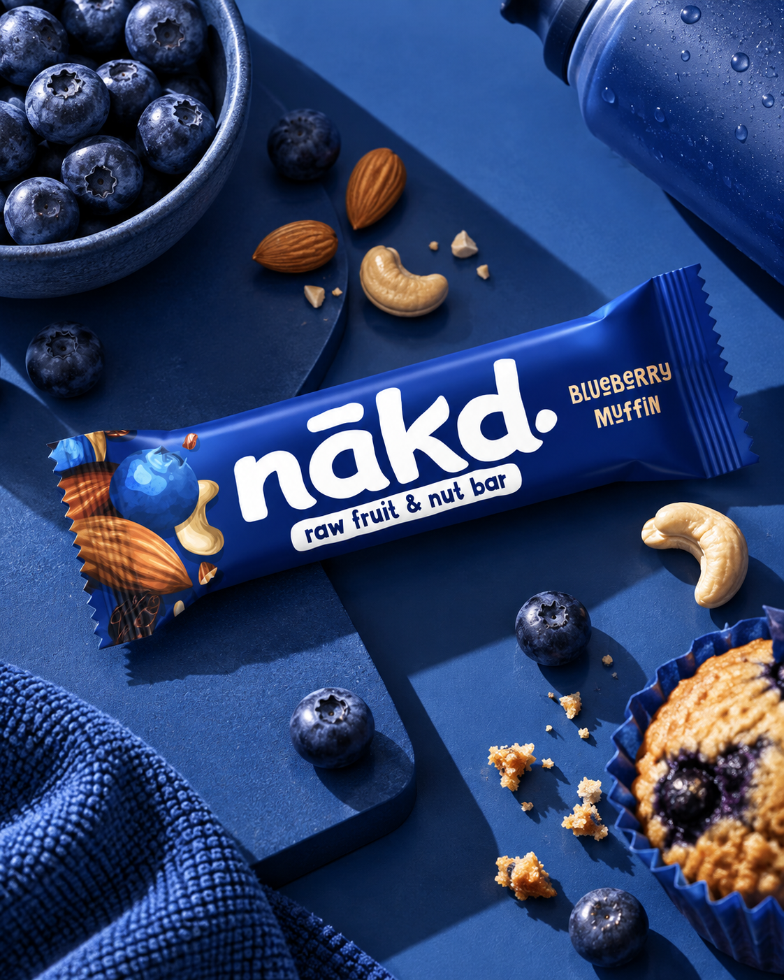 A blue Nākd blueberry muffin flavored raw fruit and nut bar on a blue surface with scattered blueberries, almonds, cashews, a muffin in a blue paper cup, and a blue water bottle.