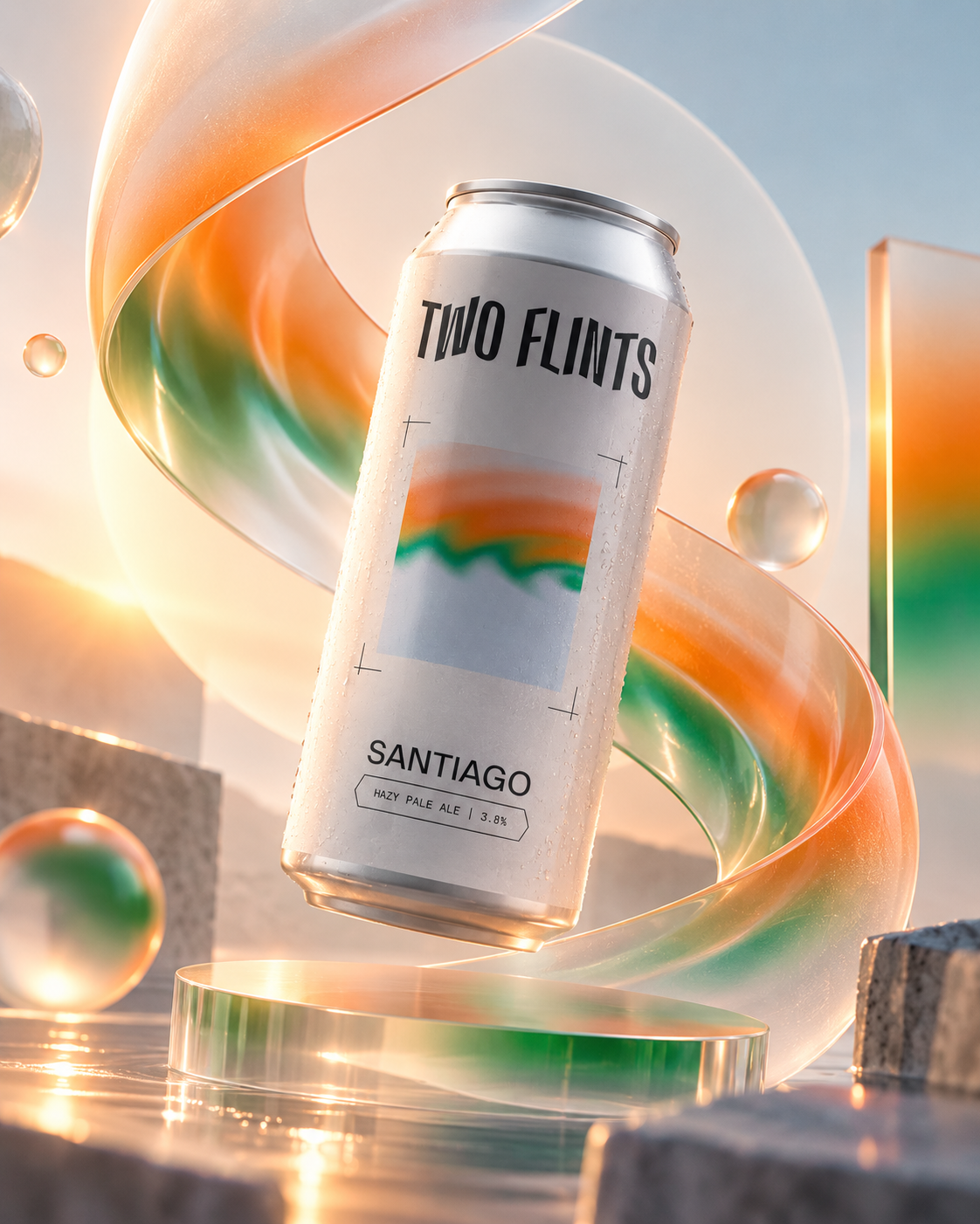 A can of Two Flints Santiago hazy pale ale with colorful abstract background and floating spheres.