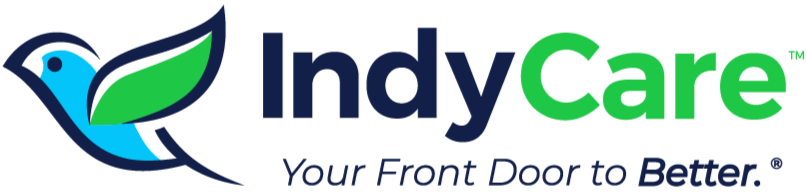 IndyCare logo with bird and leaf graphic, blue and green text, and slogan 'Your Front Door to Better'