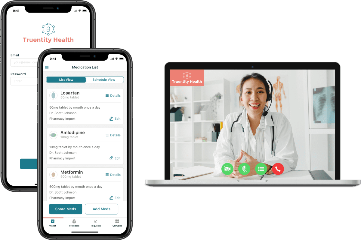 Truentity Health app shown on a cell phone and a computer screen with a doctor on a video call.