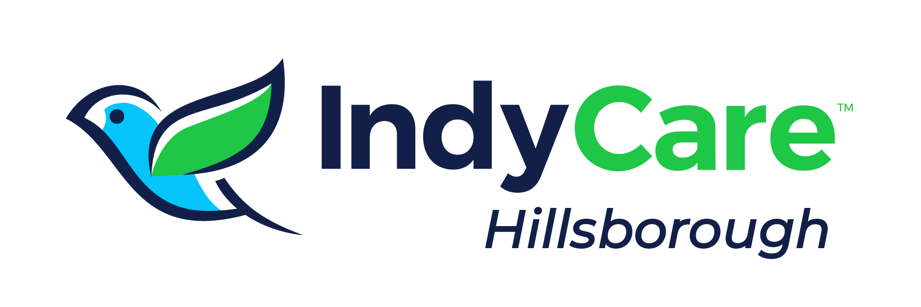 Logo for IndyCare Hillsborough featuring a stylized blue bird with green leaves and the text 'IndyCare Hillsborough' in blue and green.