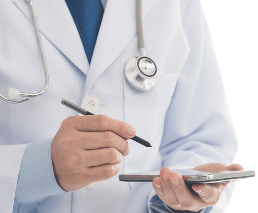 Urgent care doctor taking notes.