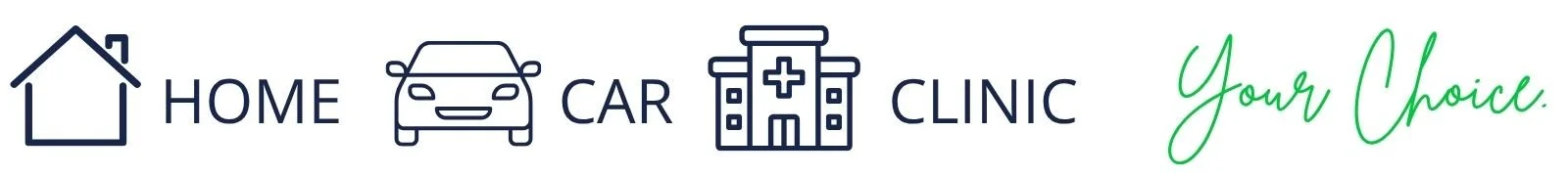 Icon of a house, text "HOME", icon of a car, text "CAR", icon of a hospital, text "CLINIC", and the phrase "Your Choice" in green cursive.
