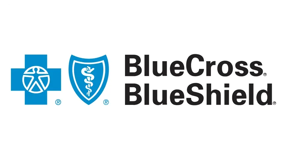 BlueCross BlueShield logos, one with a blue cross and a circle with a person and triangle inside, the other with a shield and a serpent wrapped around a staff, next to the text 'BlueCross BlueShield' in black.