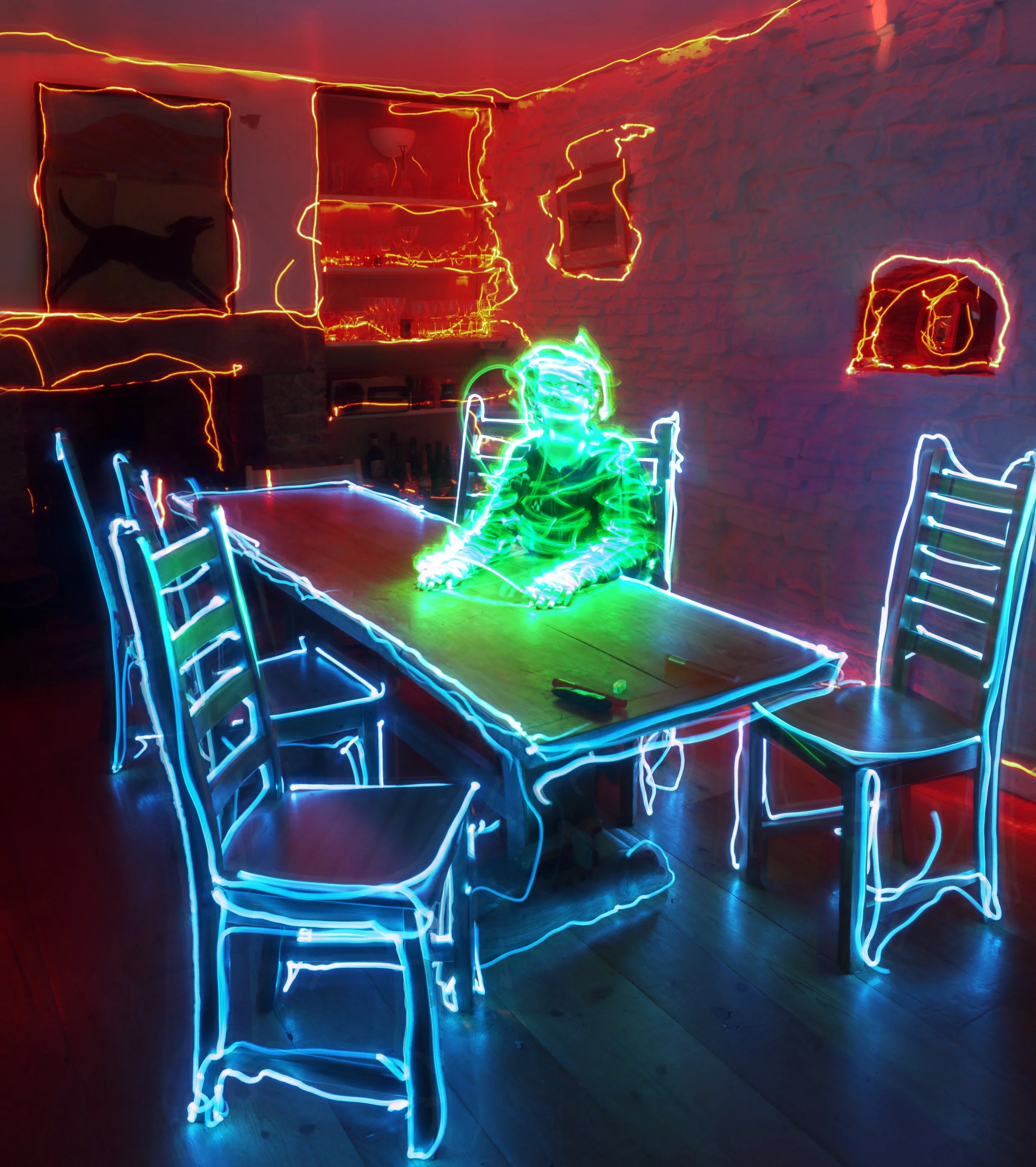 Green figure with blue table