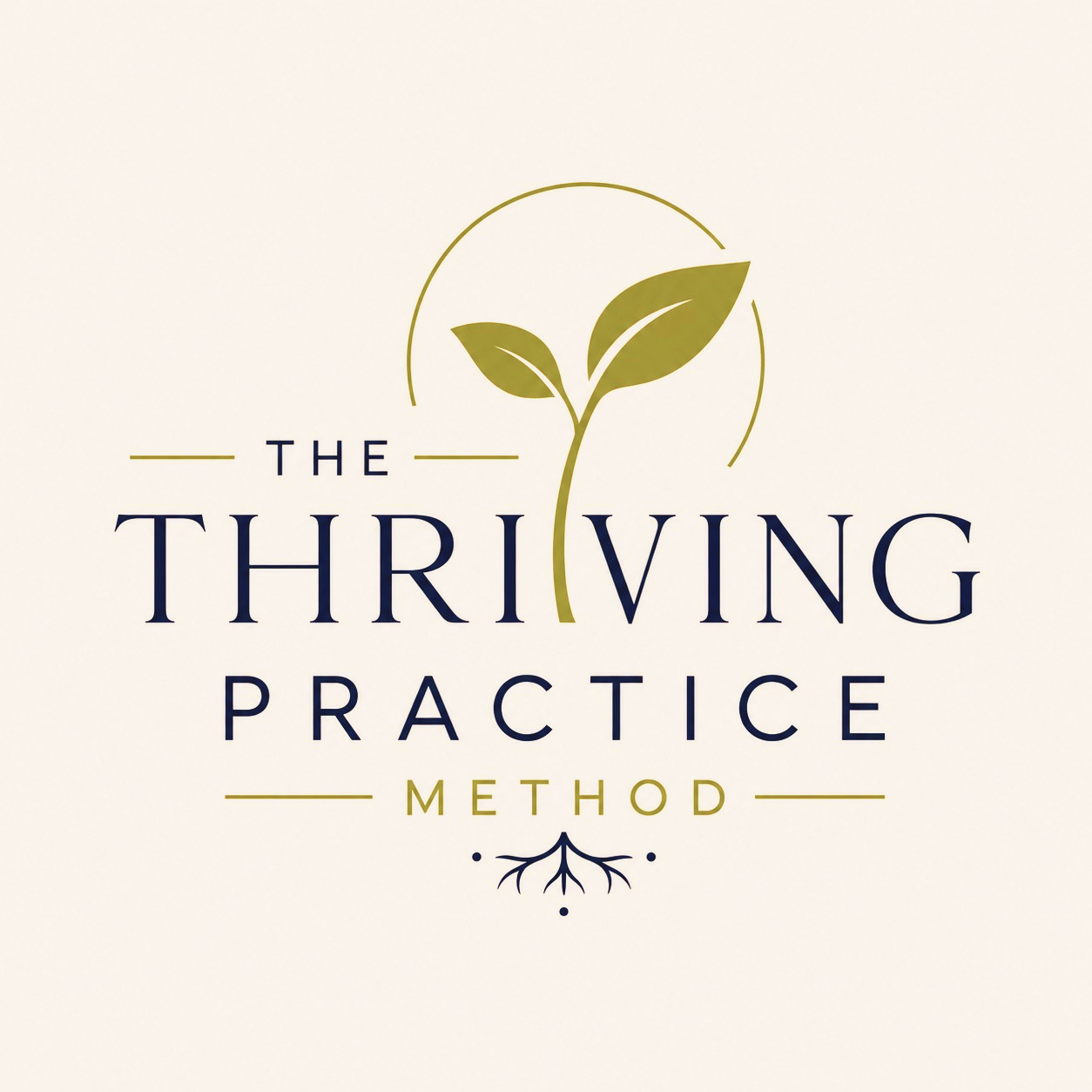 Logo for The Thriving Practice Method featuring a stylized plant with three leaves and roots in dark blue and green colors.