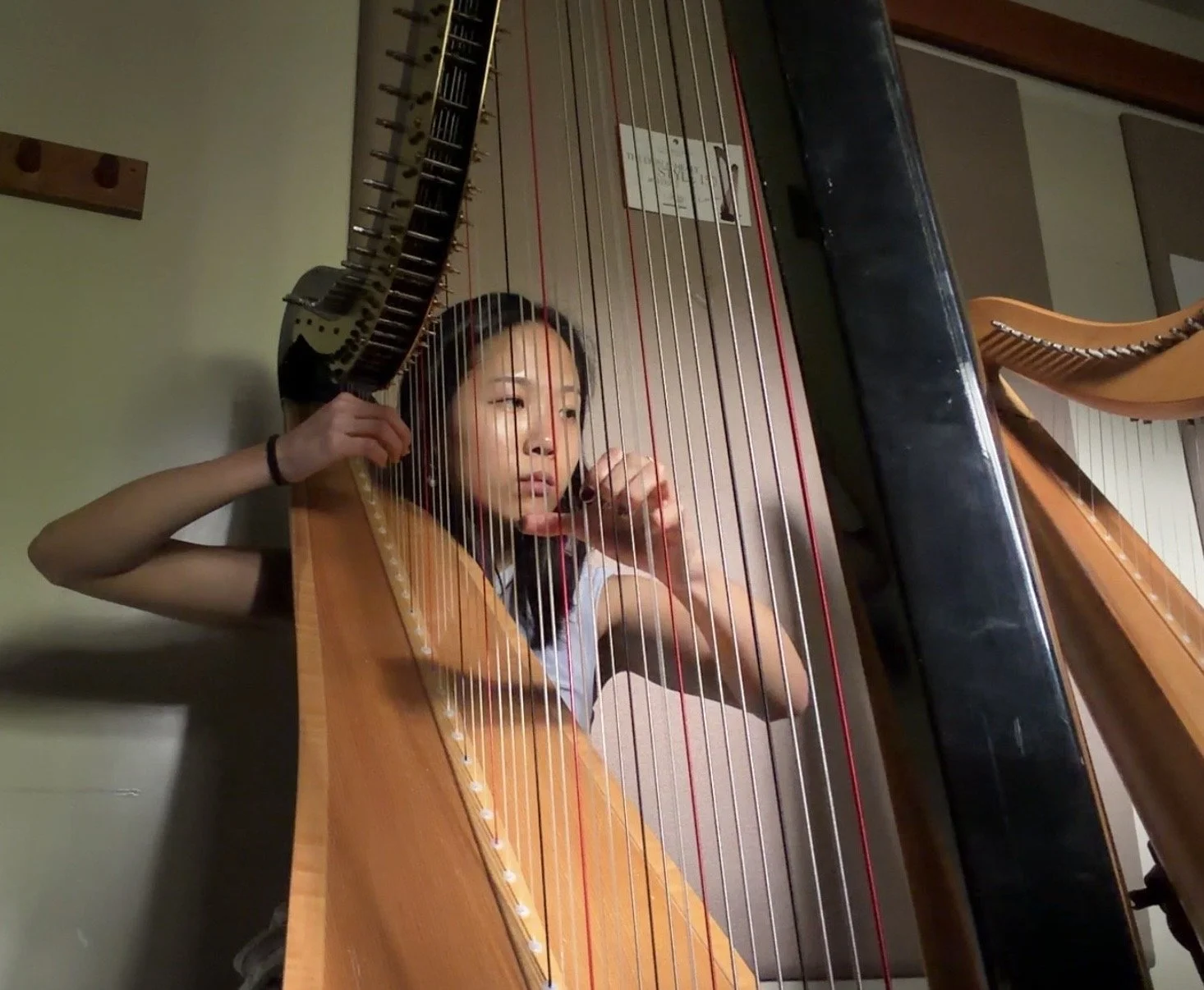 A young woman with dark hair playing a harp, seated with her eyes closed, wearing a sleeveless top, in a music room.