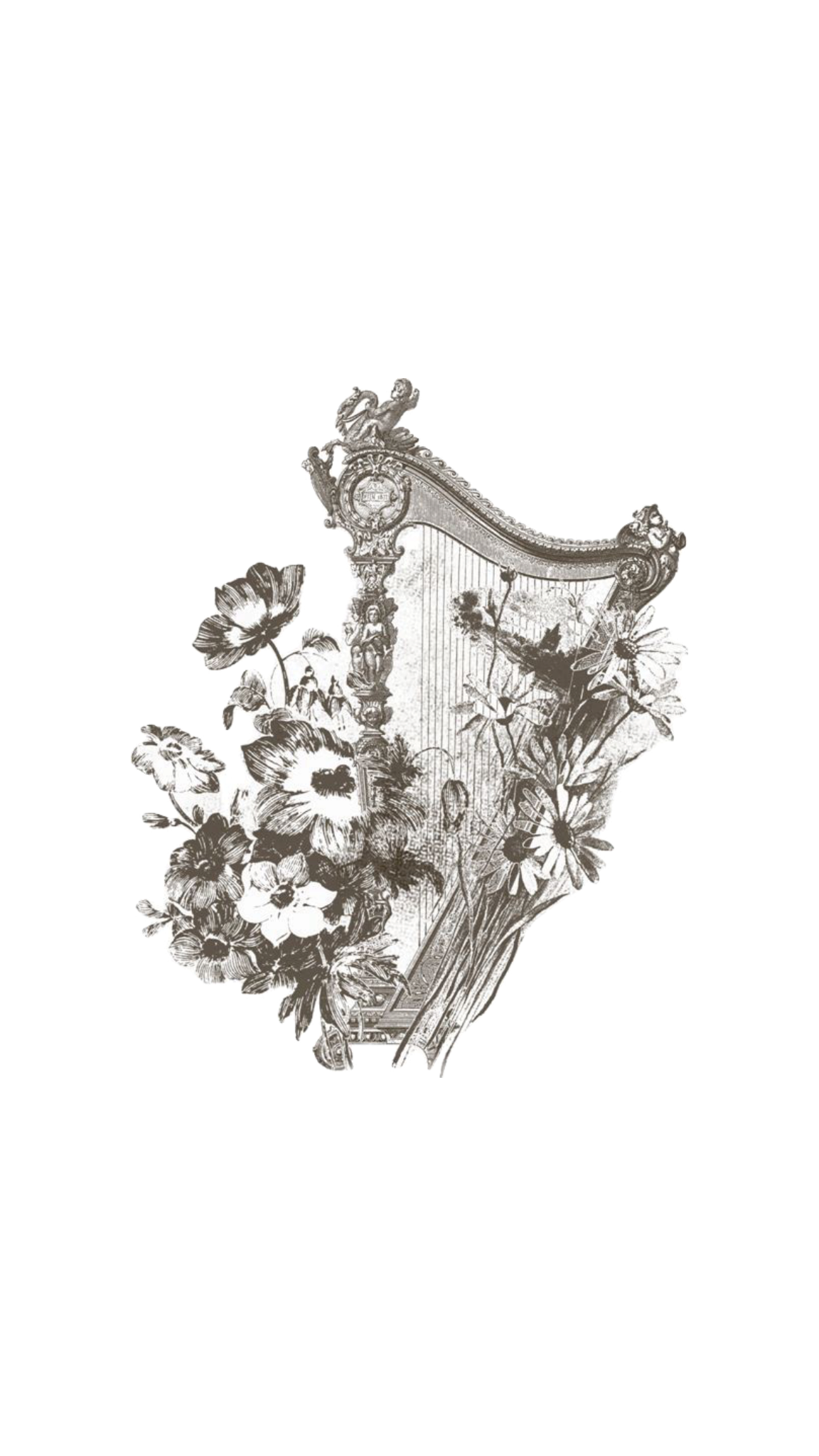 A decorative harp surrounded by flowers and greenery.