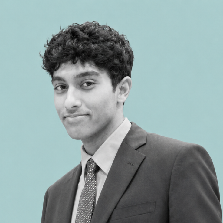 Young man with curly dark hair wearing a suit and tie, smiling slightly, against a light blue background.