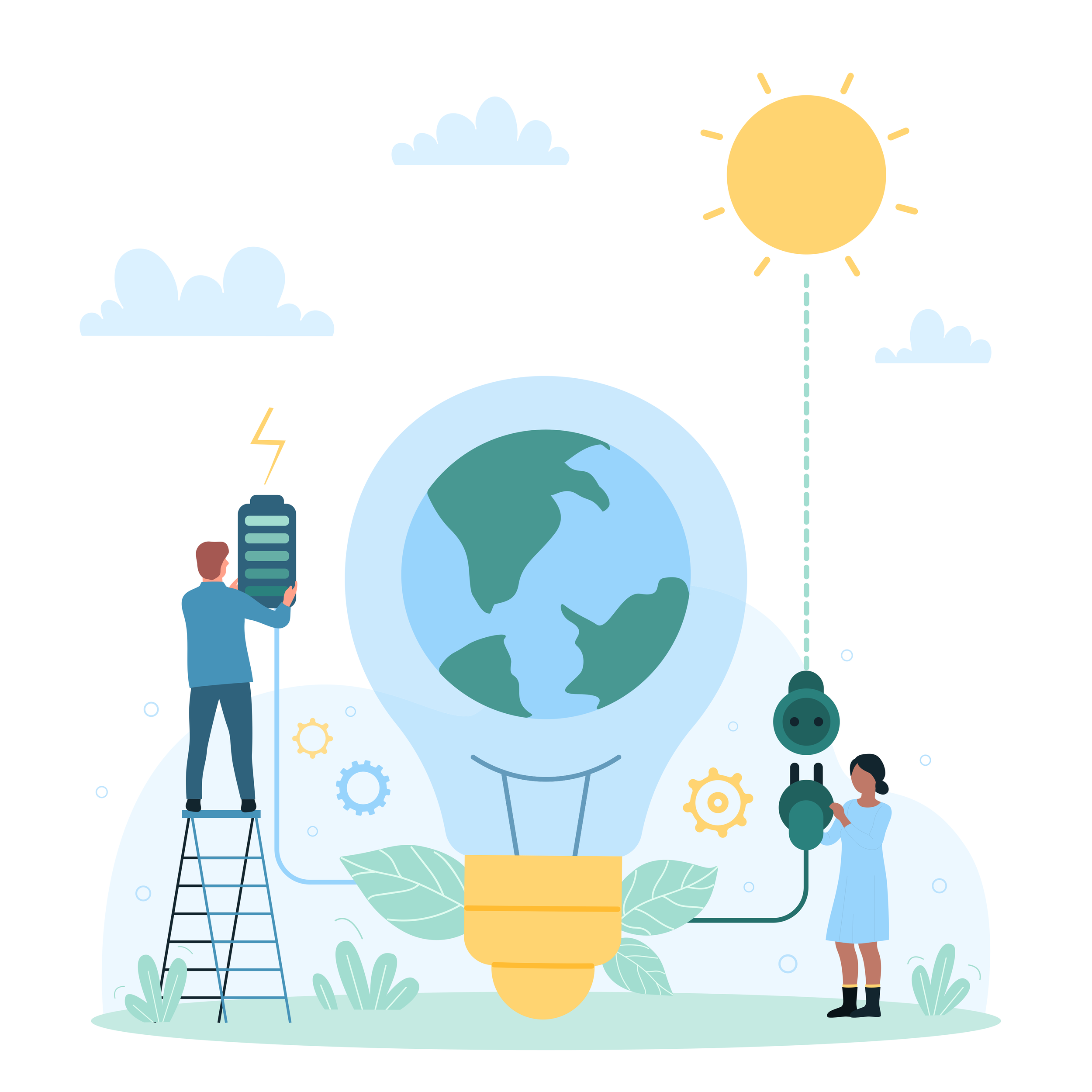 Digital illustration of people planting and caring for a large earth-shaped plant, with sun and clouds in the sky.