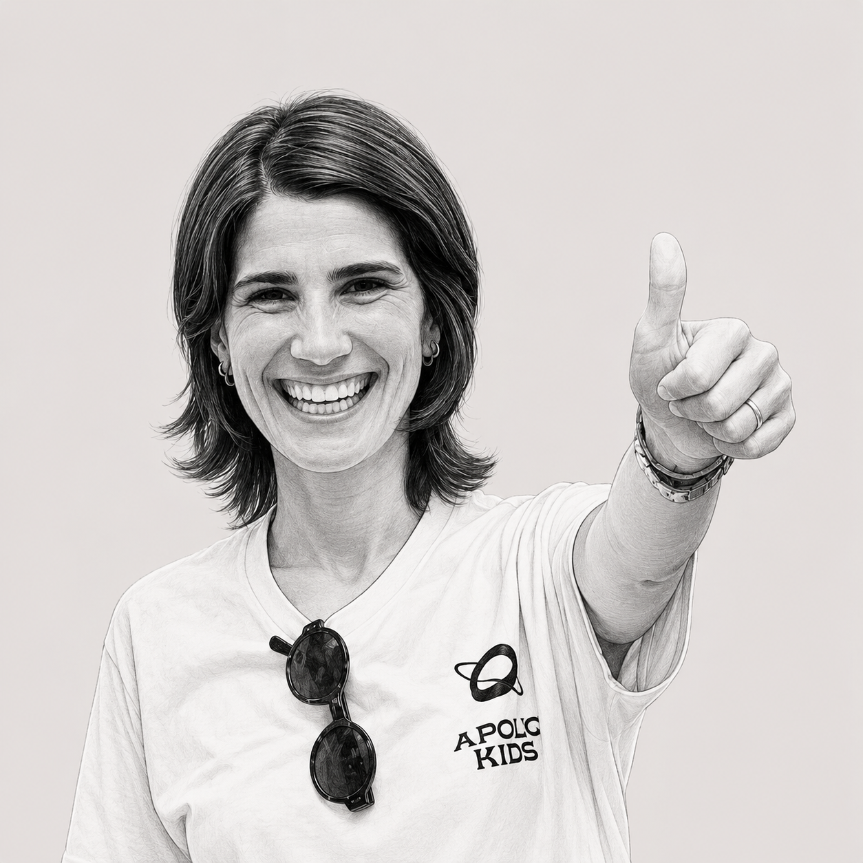 Black and white photo of a smiling woman giving a thumbs-up gesture. She wears sunglasses hanging from her shirt and a T-shirt with the text "APOLLO KIDS" and a planet logo. She has short, wavy hair and appears happy and confident.