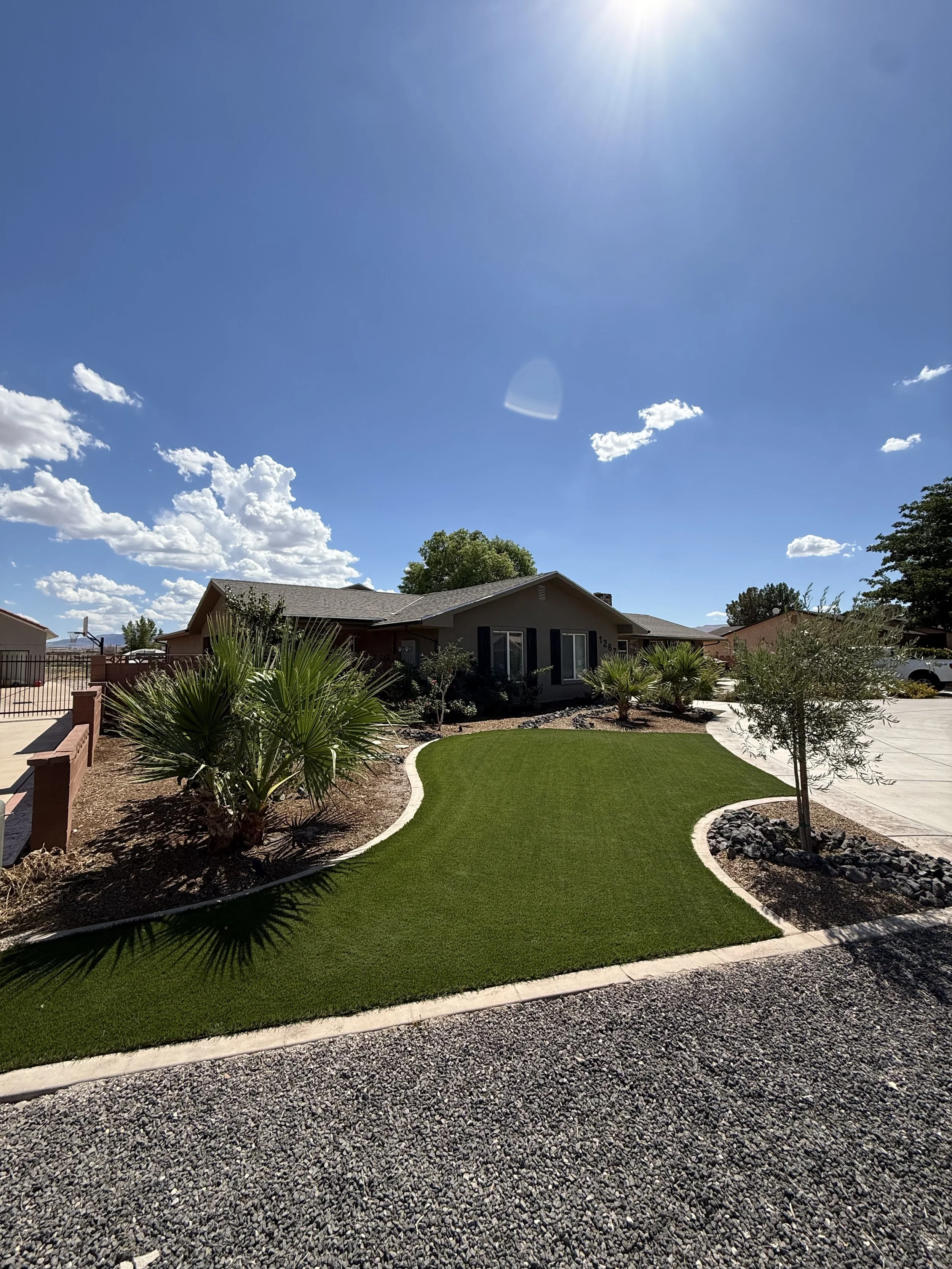 A suburban backyard with a well-manicured lawn, desert plants, and a house with a gray roof under a clear blue sky with some clouds.