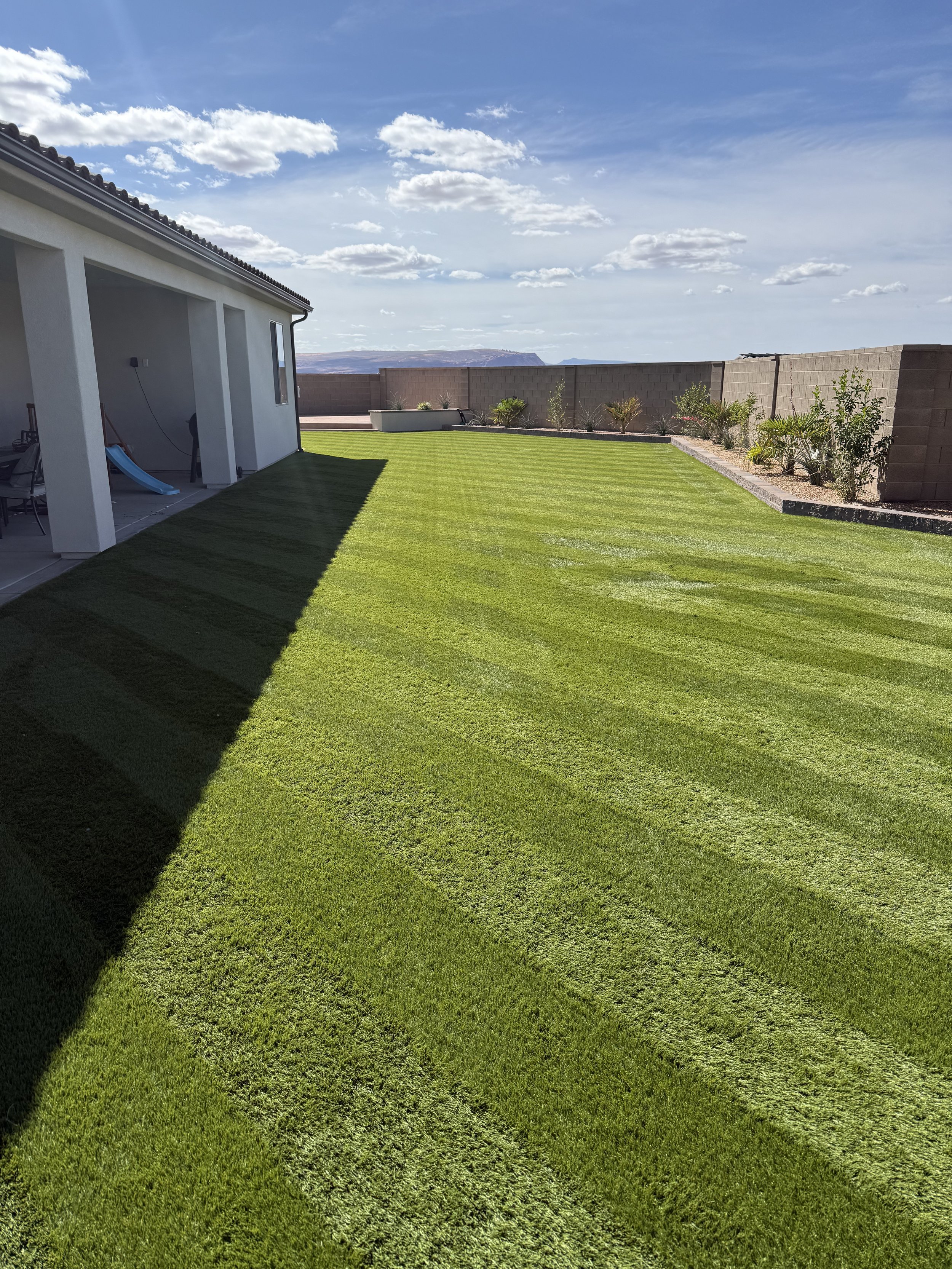Backyard with a green grass lawn, a white house with patio furniture, a small slide, and a garden bed with plants, enclosed by a concrete block wall, under a blue sky with clouds.