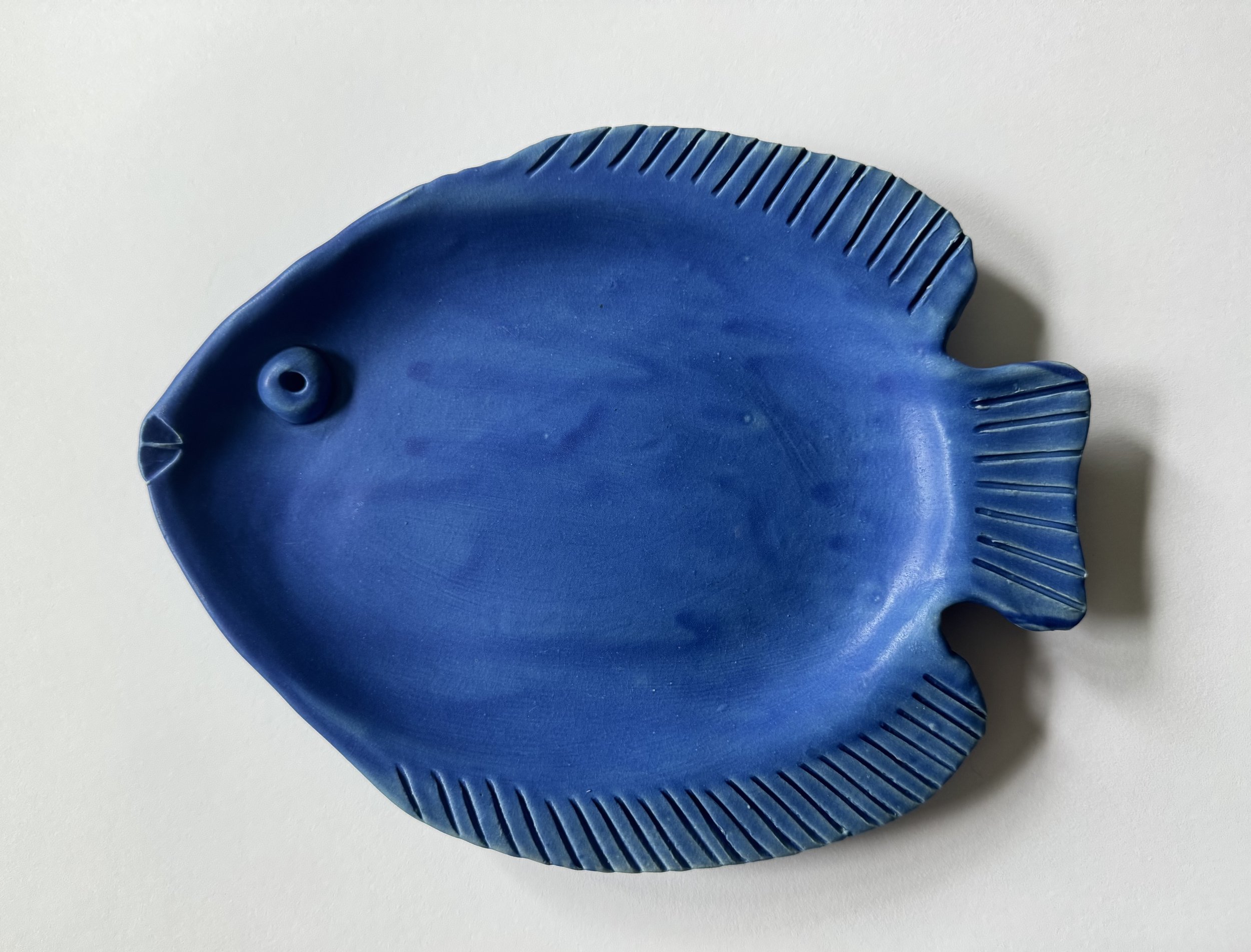 Close-up of a blue, fish-shaped plastic object with ridges along its dorsal and pectoral fins, set against a plain white background.
