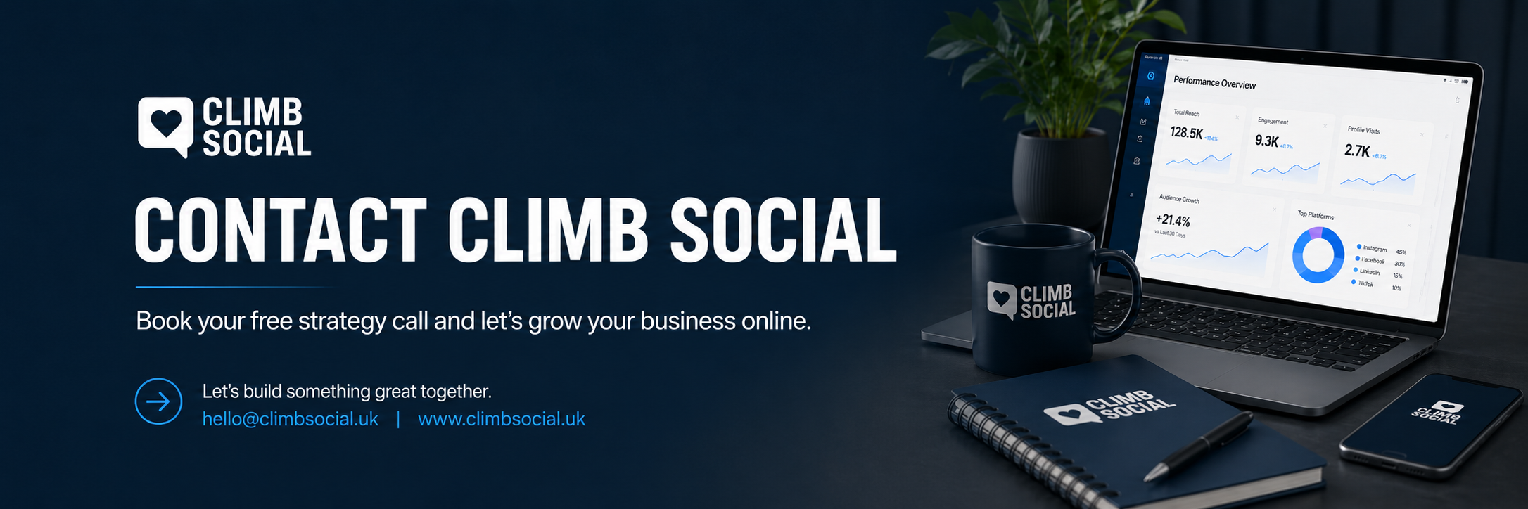 Promotional image for Climb Social showing a laptop, smartphone, notebook, pen, mug, and a potted plant on a desk. The laptop screen displays performance analytics with graphs and charts, and the mug and notebook feature the Climb Social logo.