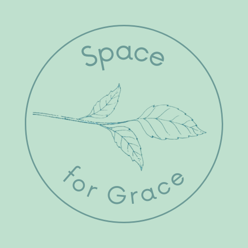 A circular logo with the words "Space for Grace" and a line drawing of a leaf branch inside.