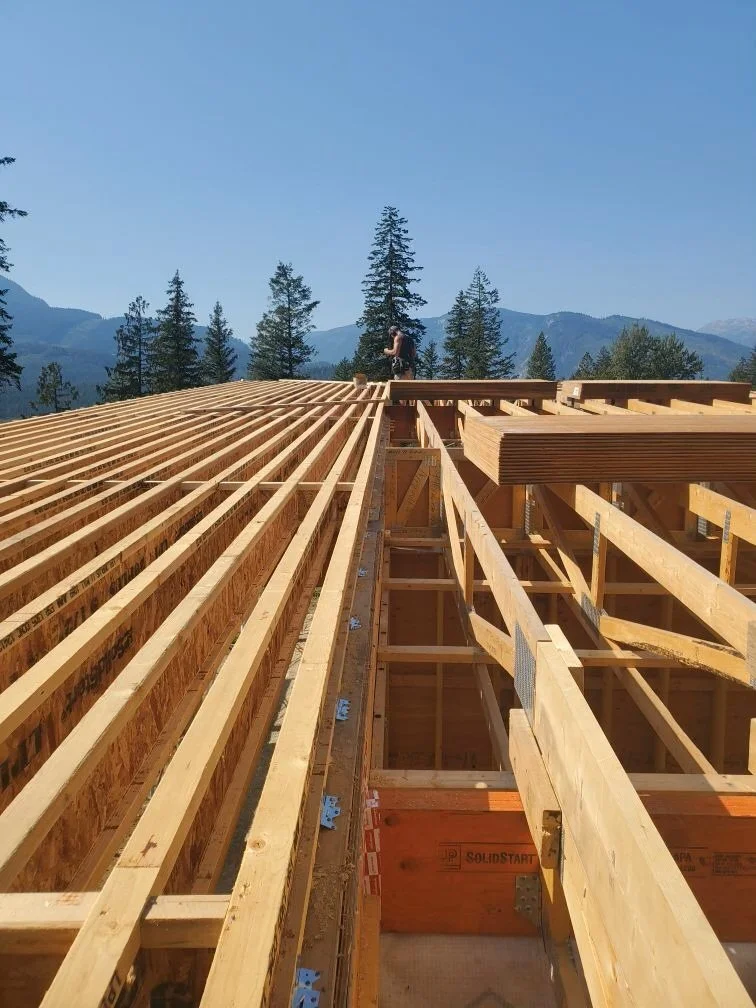 Wooden framing for a building under construction with a worker on top, surrounded by trees and mountains in the background.