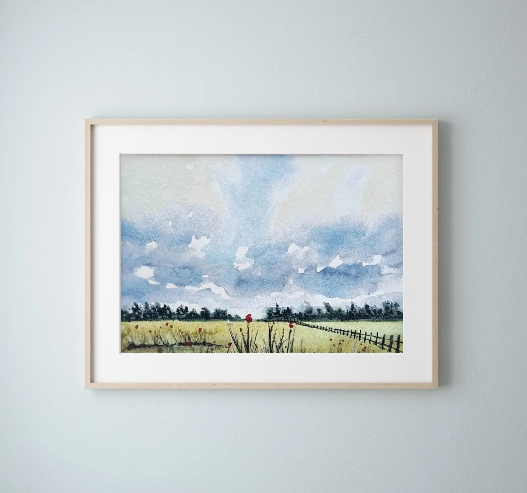 English Countryside Landscape Nature Painting with farmland and poppies Stock.jpg