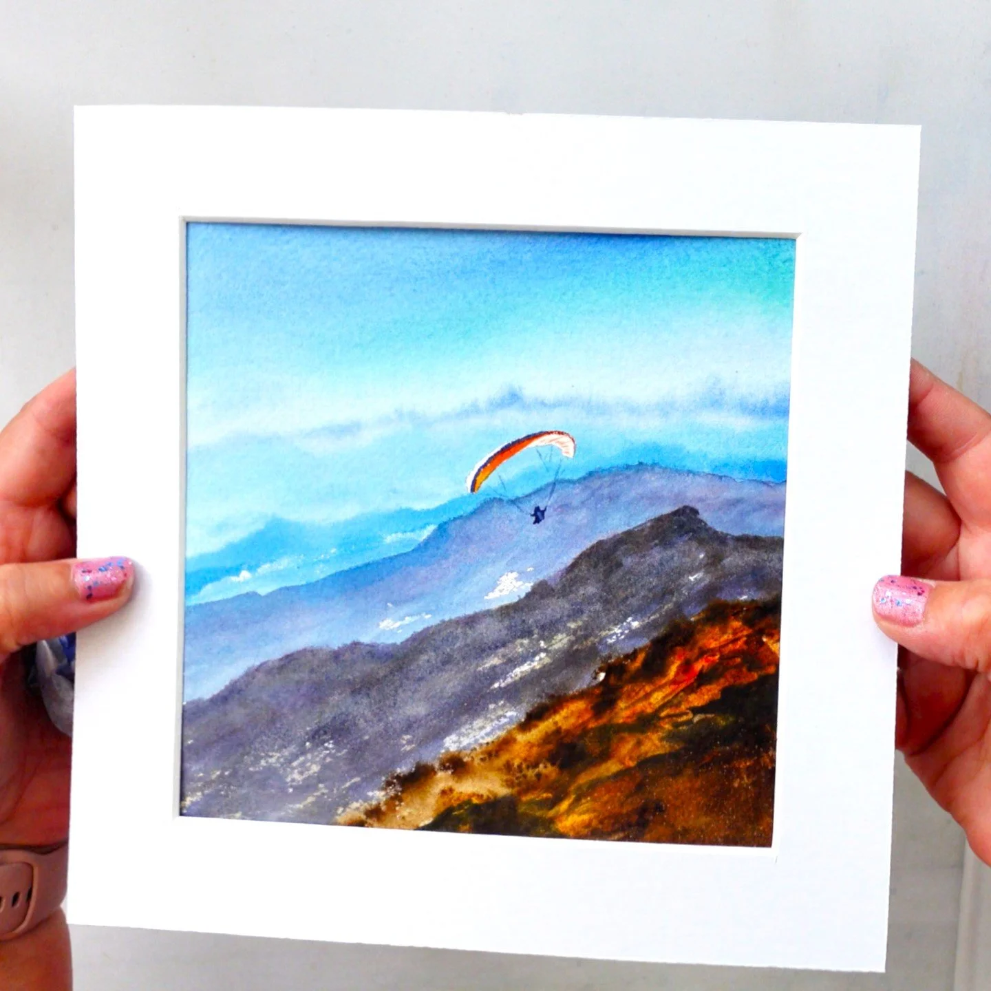 Misty Mountains Paraglider Watercolour Painting 8" x 8"
