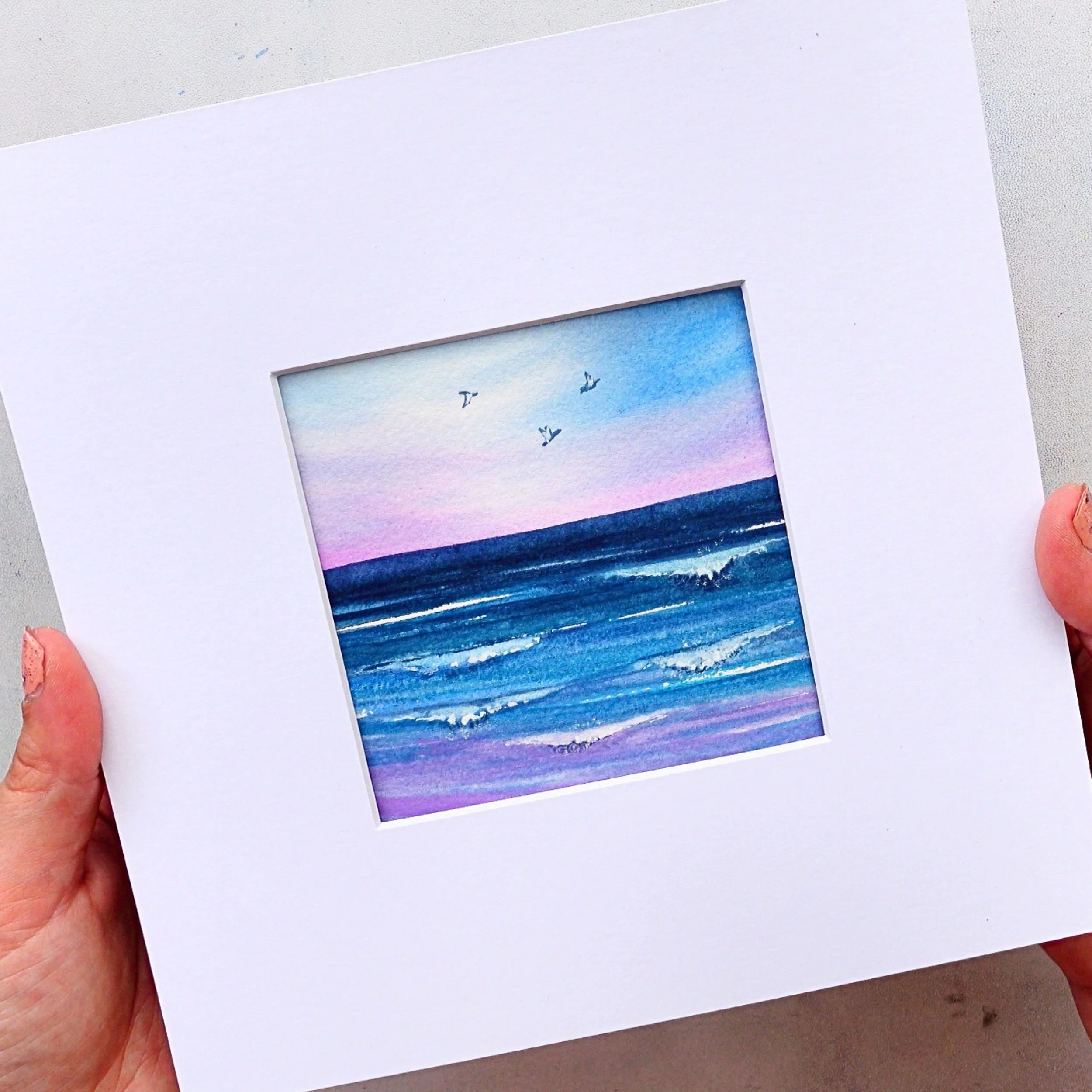 Purple Waves Seascape Watercolour, Art Print 8" x 8"