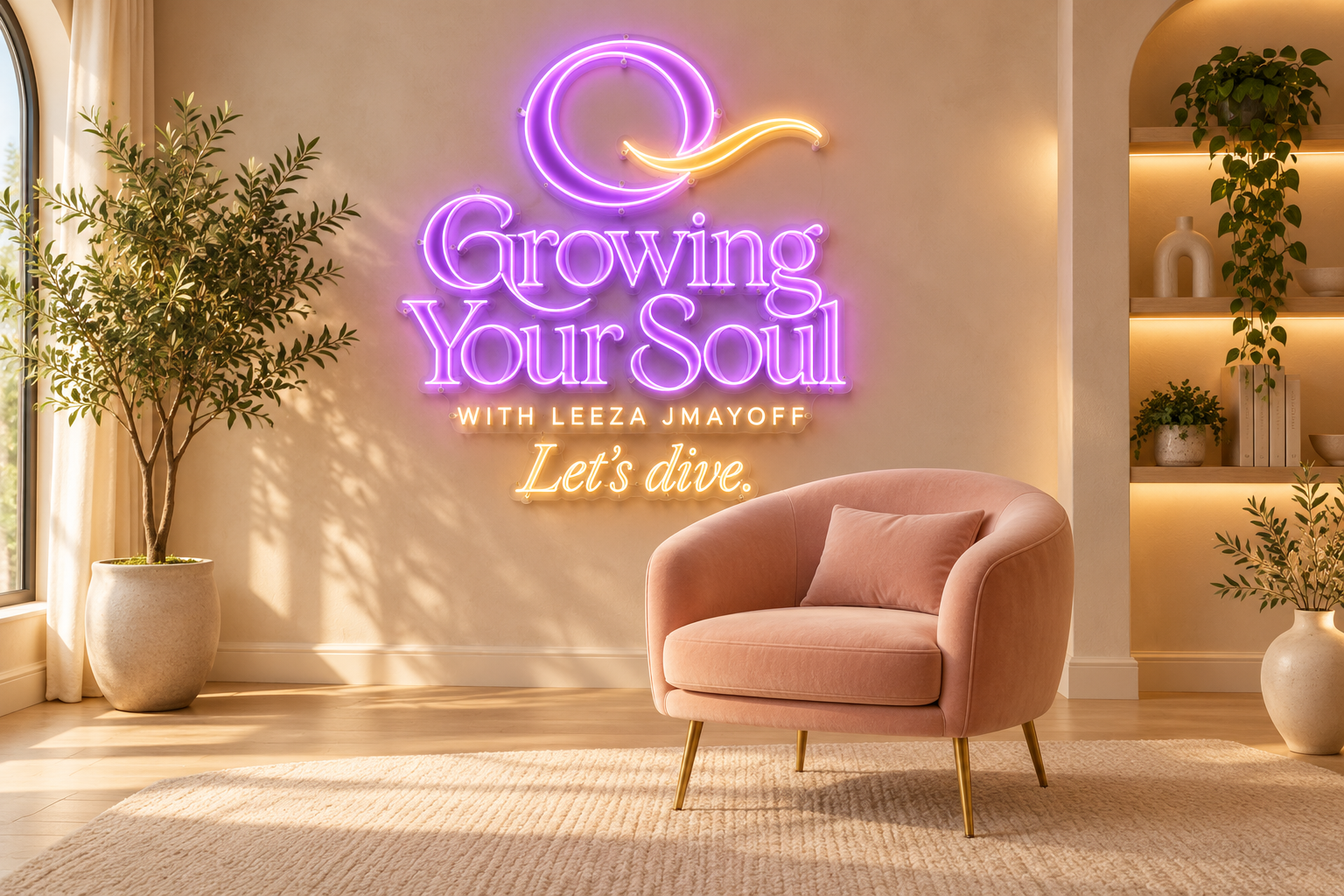 Growing Your Soul with Leeza Jmayoff — a warm studio with a blush armchair and purple and gold neon sign.