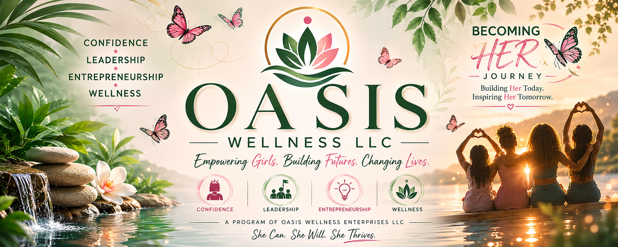 A promotional banner for Oasis Wellness LLC featuring a natural setting with women sitting together and making heart shapes with their hands at sunset, surrounded by butterflies and greenery.