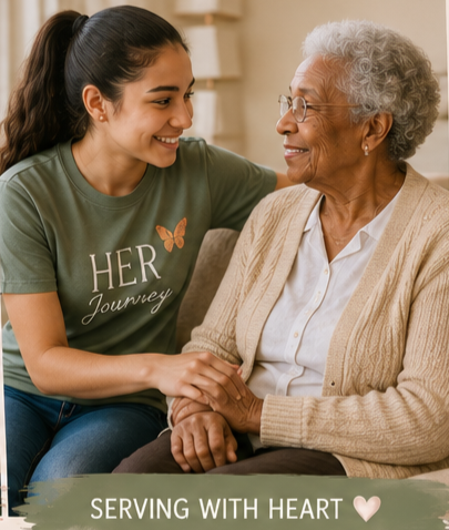 A young woman with dark hair in a ponytail and an elderly woman with curly gray hair and glasses sitting together, smiling and holding hands in a warm, cozy room.