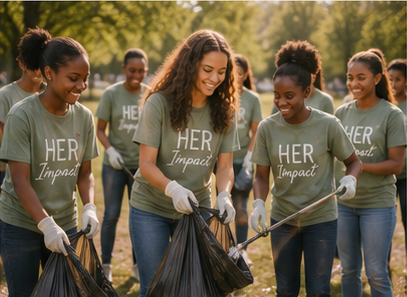 Group of young women participating in a community cleanup event, wearing matching T-shirts and holding trash bags.