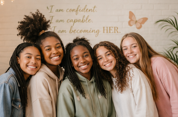Group of five smiling women of diverse ethnicities standing together in a room with a white brick wall and motivational quote about HER in the background.