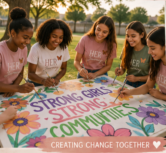 Five young women are painting a colorful banner with floral designs and the words "Strong Girls, Strong Women" and "Creating Change Together" outdoors during sunset.